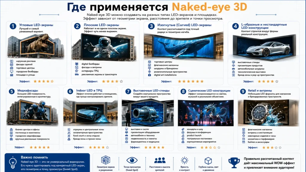 Где применяется Naked-eye 3D: угловые и curved LED-экраны, медиафасады, ТРЦ, выставки и retail