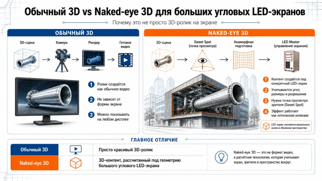 Сравнение обычной 3D-анимации и Naked-eye 3D для больших угловых LED-экранов