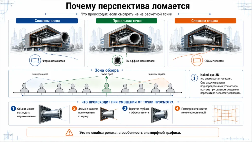 Изменение перспективы Naked-eye 3D при смещении зрителя от точки Sweet Spot