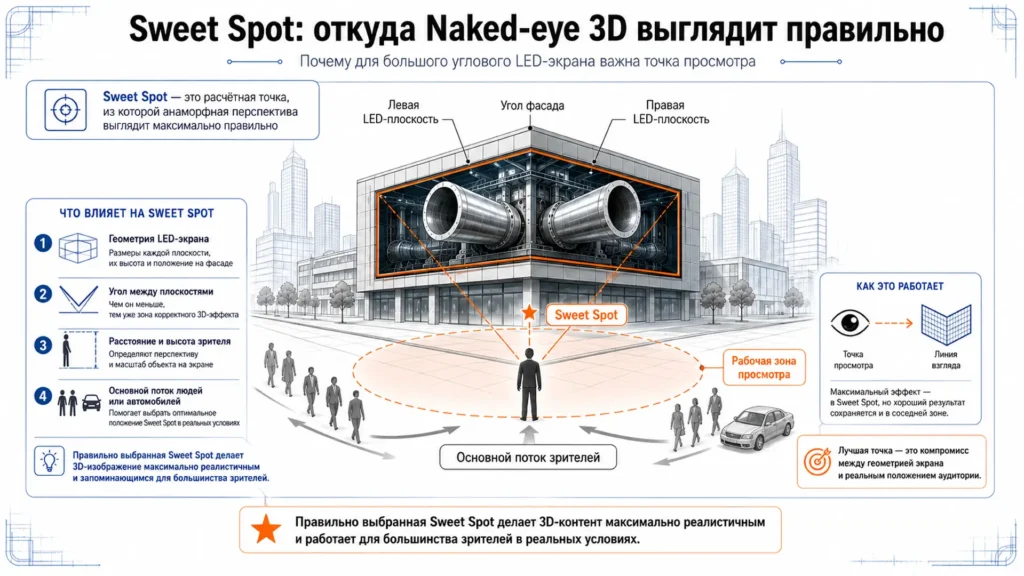 Sweet Spot и рабочая зона просмотра Naked-eye 3D на угловом LED-экране