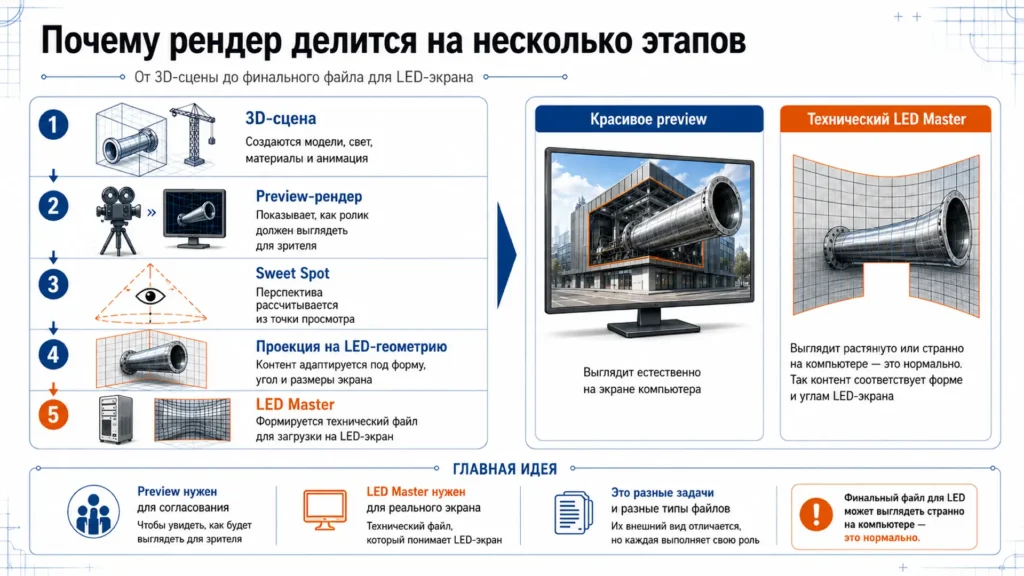 Этапы рендера Naked-eye 3D от Preview до технического LED Master